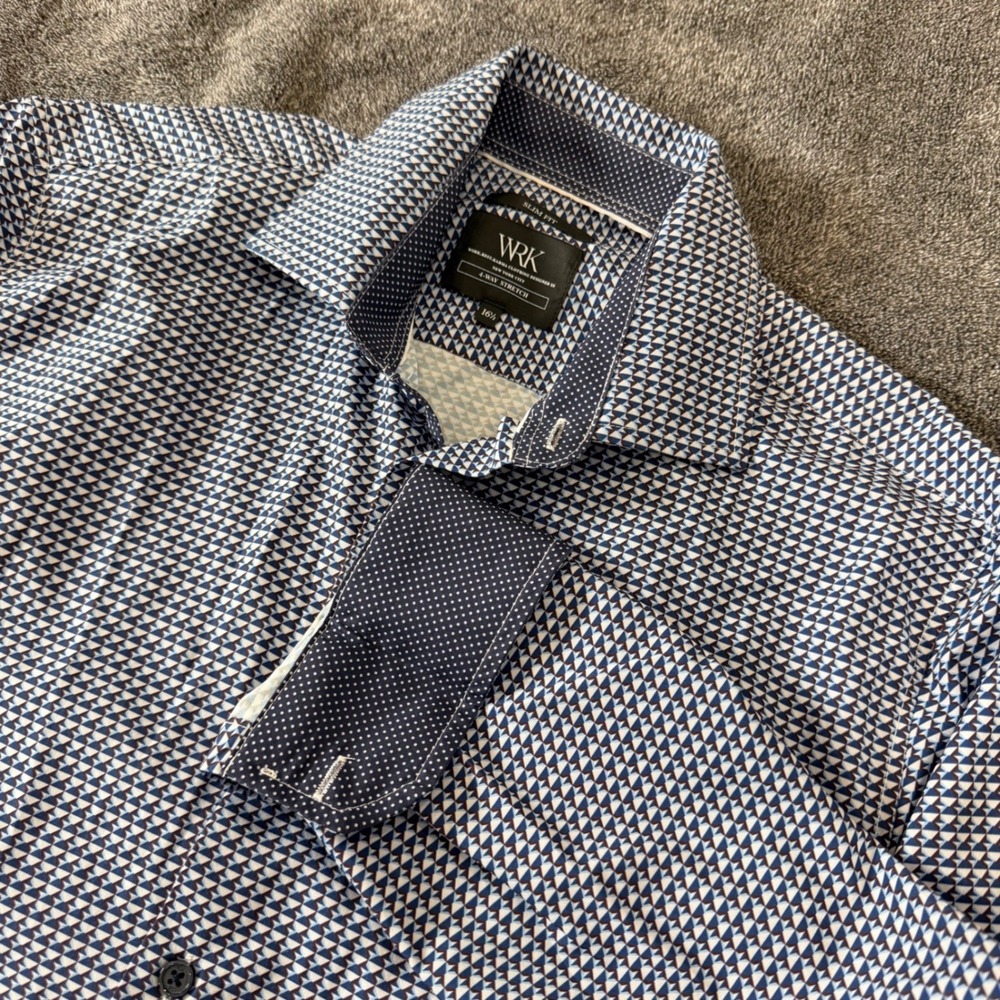 WRK Slim Fit 4-Way Stretch Button Up Shirt Blue Print 16.5 Performance